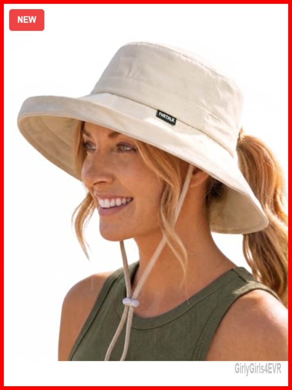 UPF 80+ Wide Brim Ponytail Sun Hat - 100% Cotton Bucket Hat with Hidden Opening